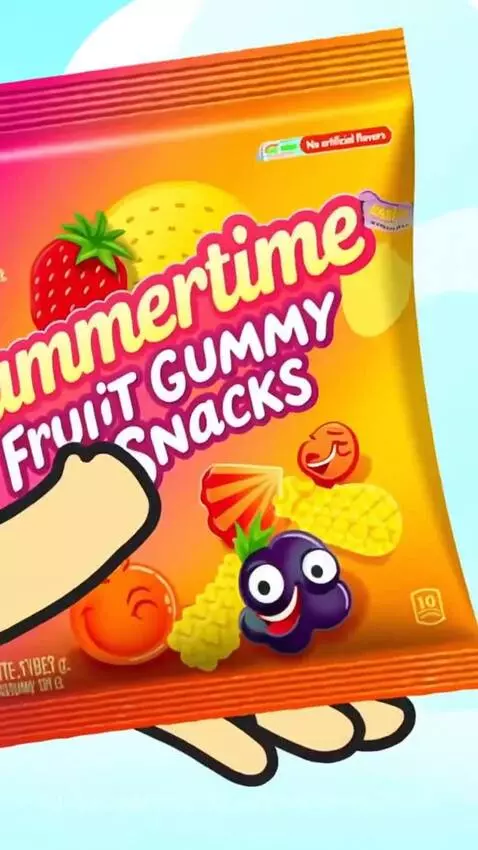 Animated girl on beach with Summertime Fruit Gummy Snacks, featuring animated fruit gummies surfing.