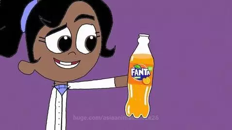 Animated girl in lab coat holding a trophy and a Fanta bottle, celebrating her mango sunrise formula.