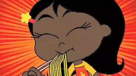 Animated girl with dark skin and black hair happily eating Slurp Pow Chicken Ramen, with comic-style text.