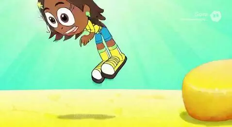 Animated girl eating a star-shaped pineapple popsicle with a sparkling green and yellow background.