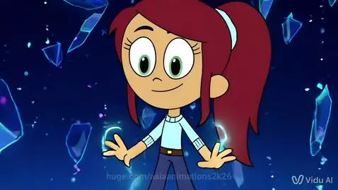 Animated girl with red hair, Kina, in a futuristic environment, transforming with blue energy into a rockstar with a guitar.