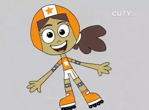 Animated cartoon girl with brown hair in orange and white roller-skating outfit, dancing on orange skates.