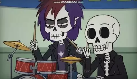 Cartoon monster students in a bustling high school cafeteria, some playing instruments, others doing fashion, with 'MONSTERVILLE HIGH' banners.