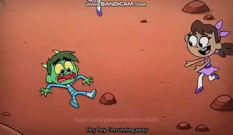 Cartoon girls in purple dresses chasing green goblins on a red, rocky alien planet under a starry night sky.