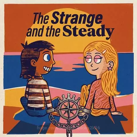 Cartoon boy and girl sit on a beach at sunset, connected by a chain with a crown and compass, symbolizing their bond.