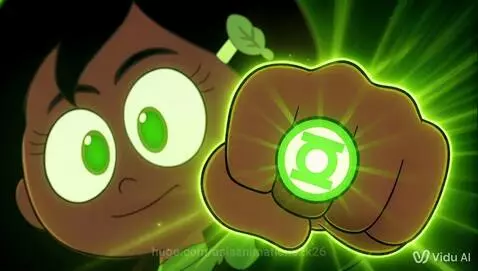 Animated girl with Green Lantern ring glowing, transforming into a superhero.