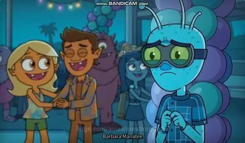 Cartoon monsters dancing at a vibrant prom night, 'Monsterville High School', with a couple dancing center stage.