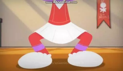 Five animated bug-like cheerleaders in pink, purple, and yellow performing a dance routine with red pom-poms in a gym.