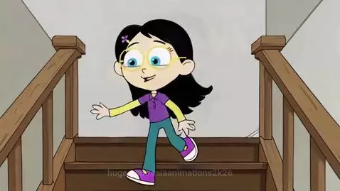 Animated girl with glasses and purple shirt falling down wooden stairs, looking dizzy.