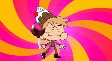 Animated boy happily holding a chocolate cake pop with a swirling colorful background and hearts.
