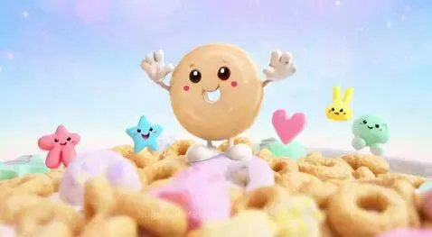 A young woman smiling in a pastel kitchen holding a box of Sugar Frosted Kawaii Cheerios with cute marshmallows.