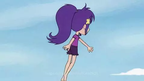 Animated girl with purple hair flying happily over a green park with trees and a city skyline in the background.