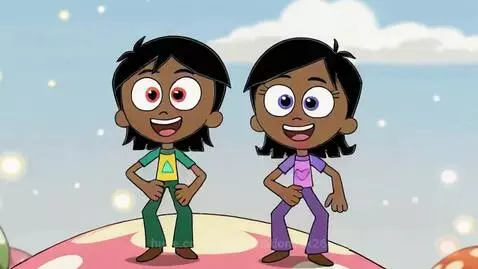 Two happy cartoon children in colorful outfits jumping high on giant, colorful mushrooms in a whimsical landscape.