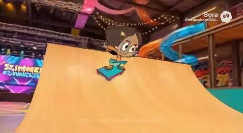 Animated girl with microphone in a colorful skate park, promoting 'SUMMER FUNHOUSE' by DreamWorks Kids.