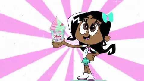 Animated girl with dark hair eating pink and green swirled ice cream with hearts and stripes background.