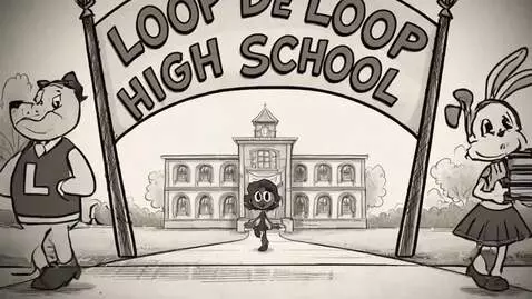 Animated girl with curly hair walks towards Loop de Loop High School, looking excited.