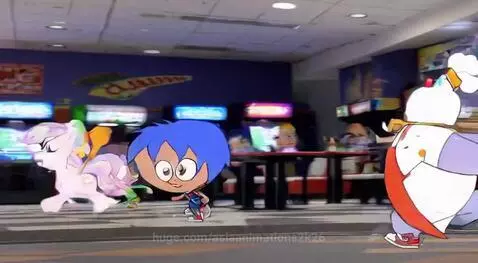 Animated characters chasing a clown chef through a pizza restaurant and arcade.