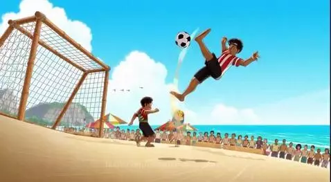 Animated characters dancing and celebrating in a vibrant, Brazilian-inspired setting with fireworks.