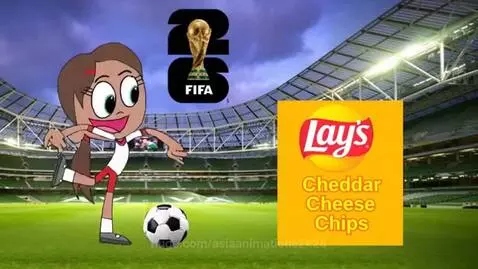 Lay's Cheddar Cheese Chips bag with floating chips and FIFA World Cup 2026 logo, featuring a cartoon soccer player.