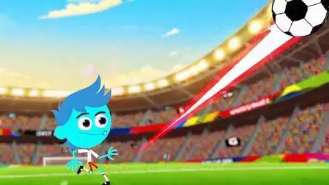 Animated soccer player dribbling a ball, drinking Gatorade Cherry Bomb Blast in a stadium.