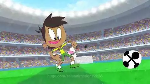 Animated boy drinking Nestle Bliss Strawberry, then playing soccer with product shot.