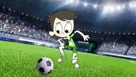 Animated boy in soccer uniform running on field with Nestlé POWER-UP! and FIFA World Cup 2026 logos.