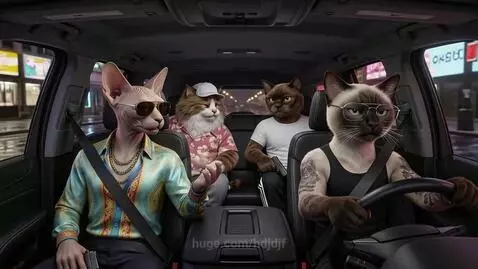 Four anthropomorphic cats in a car driving through a neon-lit city at night, with a tense atmosphere.