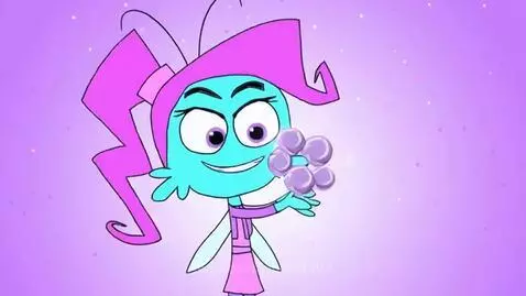 Darby Dragonfly character holding a jar of purple lavender detergent balls next to sparkling clean clothes.