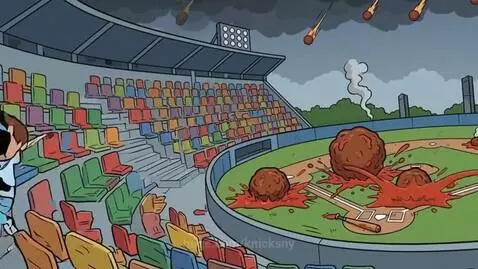 Giant meatballs splattering sauce on a baseball field as panicked spectators run.