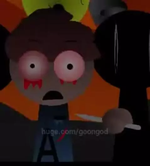 Animated character with bloodshot eyes and screaming mouth, threatened by a black silhouette holding a knife against a dark orange background.