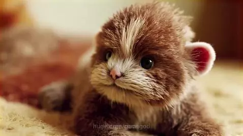 Close-up of a very fluffy small animal with brown and white fur, large dark eyes, and pink ears, looking at the camera.