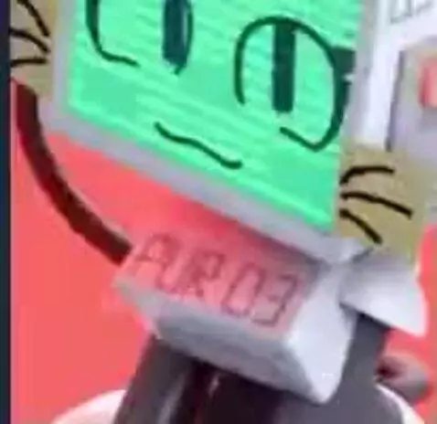 Animated robot with a green screen for a head, white and grey body with 'PUR 03' on chest, against a red background.