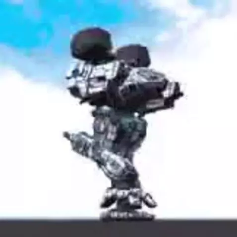 Metallic grey and black CGI robot performing a rhythmic dance with bent knees and shifting weight.