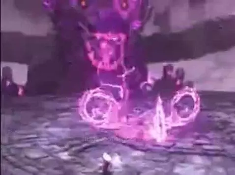 A massive dark dragon with glowing eyes unleashes pink and purple magical lightning attacks on a small character in a rocky landscape.