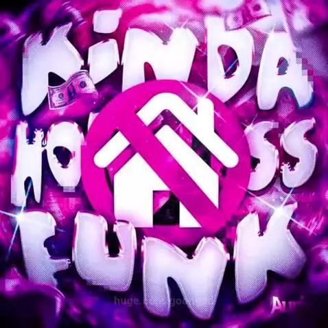 Graphic art with 'KINDA HOMELESS FUNK' in 3D letters, a pink circle with a house icon, and swirling pink/purple background.