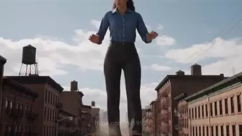 A giant woman in a blue shirt and dark pants walks through a city, towering over buildings and people.