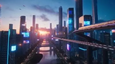 Futuristic city at dusk with glowing blue and purple skyscrapers, modern bridges, and flying vehicles.