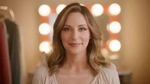 Man with beard transforms into a woman with long hair, smiling at the camera.