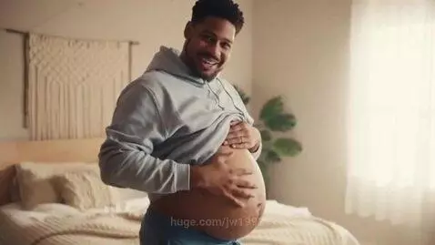Man in grey hoodie smiling, lifting shirt to show large pregnant belly, touching it gently.