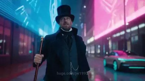 A man in a top hat and coat looks confused on a neon-lit city street at night, encountering a modern car.