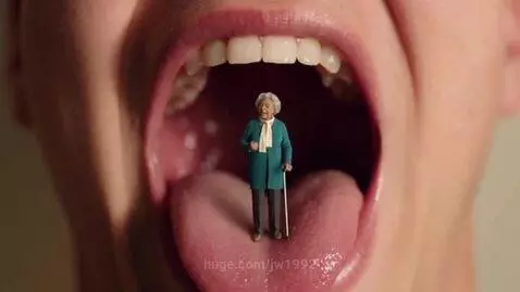 Close-up of an open mouth with a tiny elderly woman standing on the tongue, holding a cane.