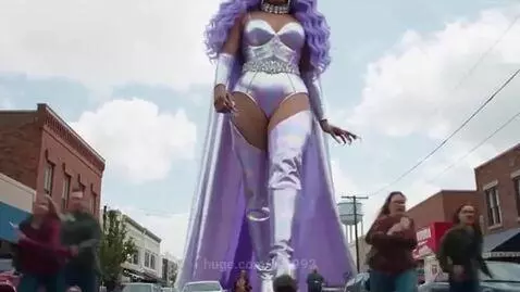 A giant drag queen in a silver and lavender bodysuit with a purple cape and crown walks down a street, people look up in awe.