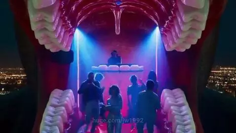 Nightclub inside a giant open mouth with DJ, dancers, and city skyline at night.