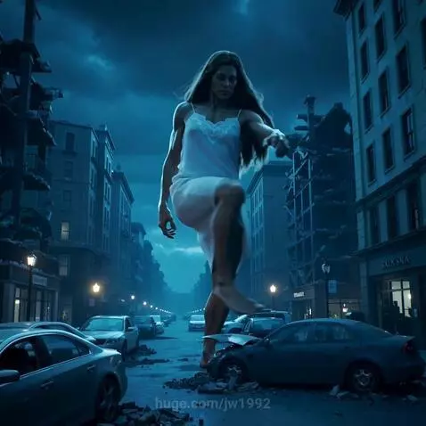 A colossal woman with long hair in a white slip dress walks barefoot down a dark, lit city street at night, towering over cars.