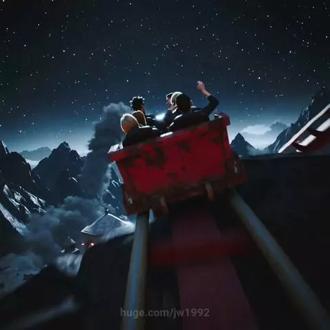 First-person view of a red rollercoaster at night, moving through a mountainous terrain with lava effects and ruins.