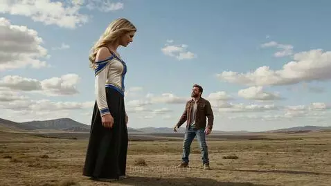 A giant woman in a long skirt stands over a man in a dry landscape, looking down at him.