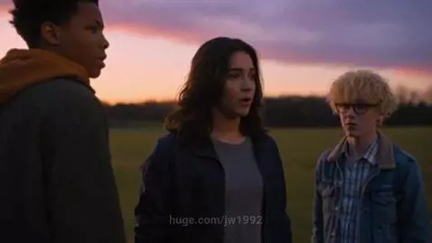 Young woman undergoing magical transformation with glowing blue particles in a field at dusk, orange and purple sky.
