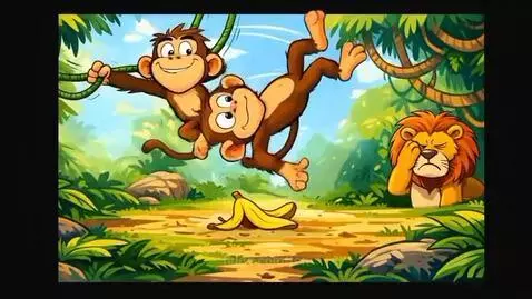 Animated jungle scene with a lion, elephant, monkeys, and a dancing alligator.