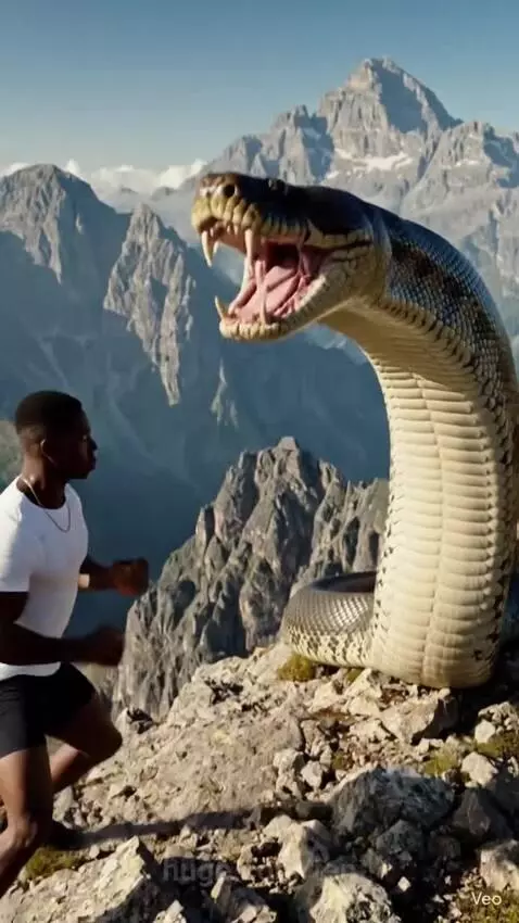 Man in white t-shirt fighting a giant snake on a rocky mountain peak.