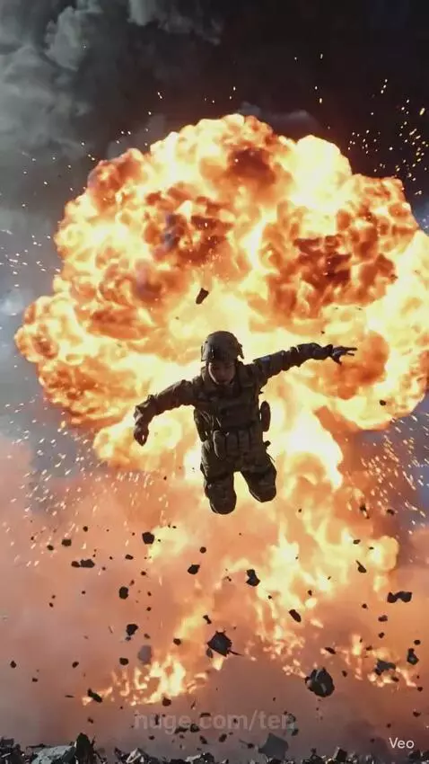 Soldier in military gear suspended in mid-air during a huge fiery explosion with debris and smoke.